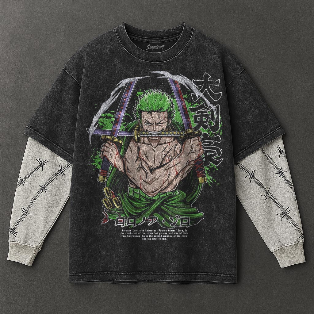 One Piece Premium Soft Black Double Sleeves Washed T-Shirt