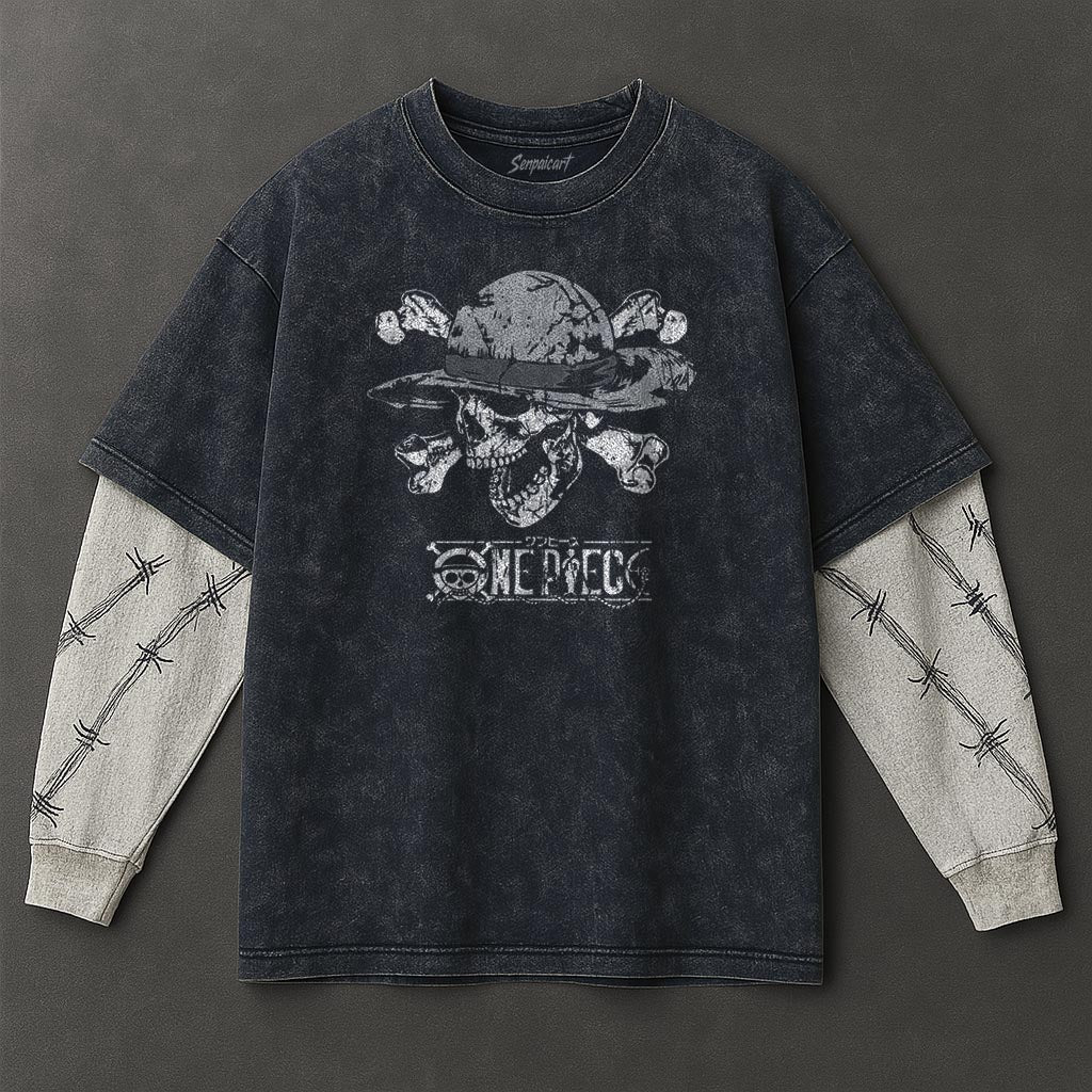 One Piece Premium Casual Double Sleeves Blue Washed T-Shirt