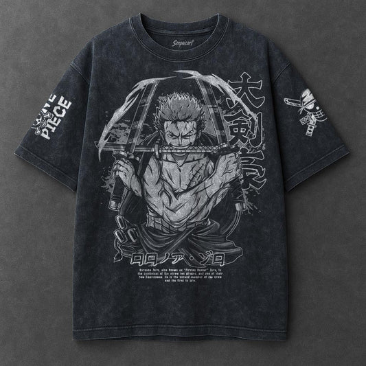 One Piece Premium Oversized Navy Blue Washed T-Shirt