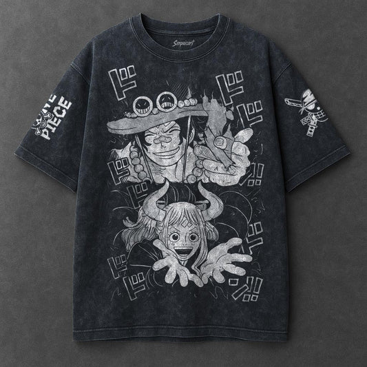One Piece Premium Loose Navy Blue Washed T-Shirt