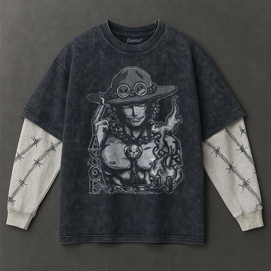 One Piece Premium Drapey Double Sleeves Blue Washed T-Shirt