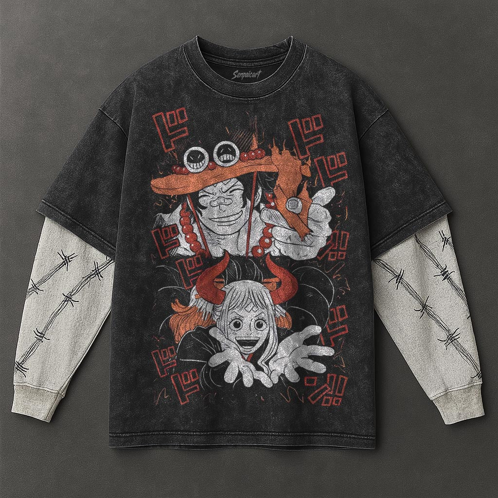 One Piece Premium Comfy Black Double Sleeves Washed T-Shirt