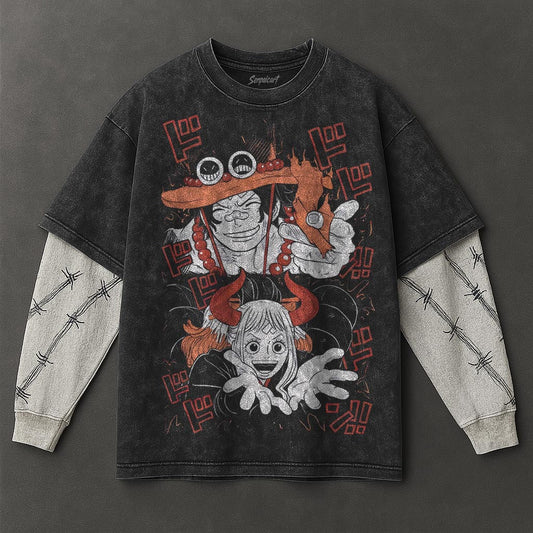One Piece Premium Comfy Black Double Sleeves Washed T-Shirt
