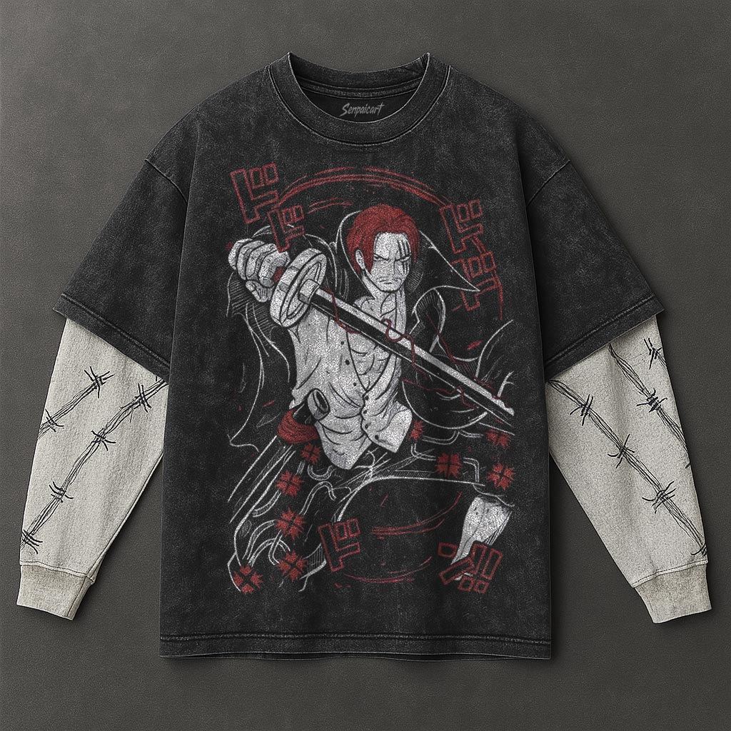 One Piece Premium Breezy Black Double Sleeves Washed T-Shirt