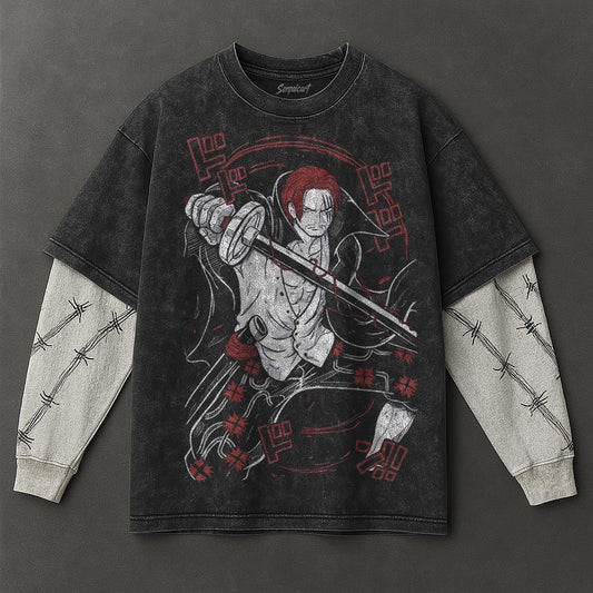 One Piece Premium Breezy Black Double Sleeves Washed T-Shirt