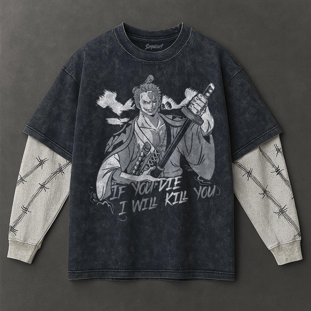 One Piece Premium Slouchy Double Sleeves Blue Washed T-Shirt