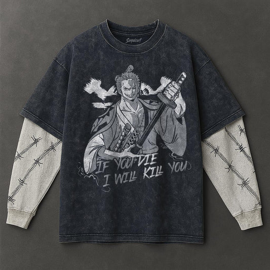 One Piece Premium Slouchy Double Sleeves Blue Washed T-Shirt