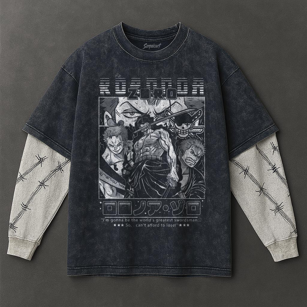 One Piece Premium Roomy Double Sleeves Blue Washed T-Shirt