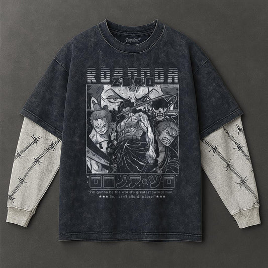 One Piece Premium Roomy Double Sleeves Blue Washed T-Shirt