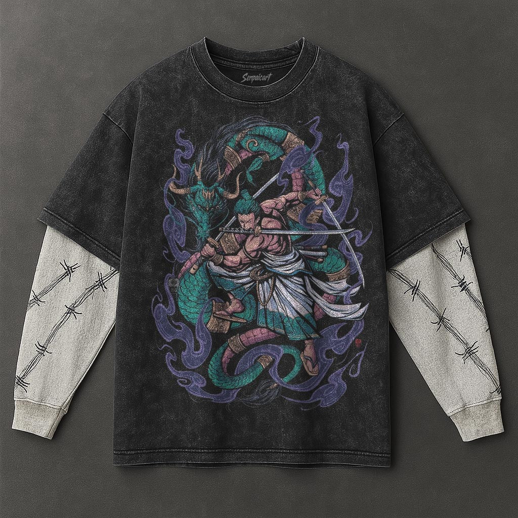 One Piece Premium Flowy Black Double Sleeves Washed T-Shirt