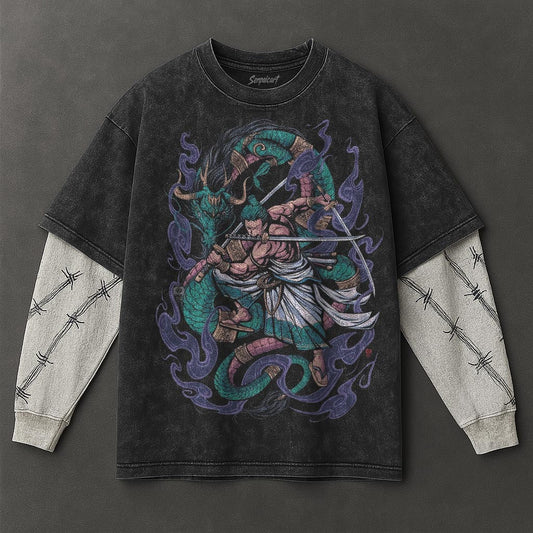 One Piece Premium Flowy Black Double Sleeves Washed T-Shirt