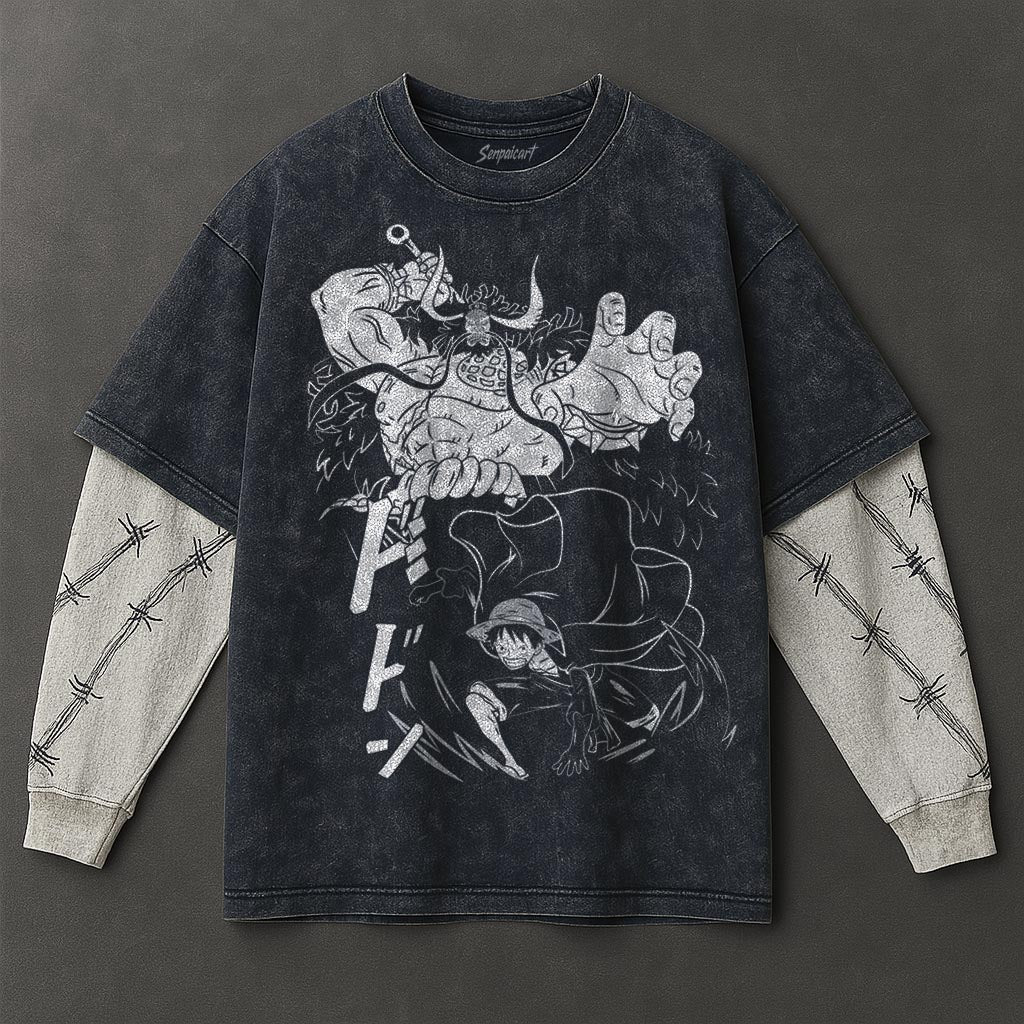 One Piece Premium Loose Double Sleeves Blue Washed T-Shirt