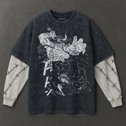 One Piece Premium Loose Double Sleeves Blue Washed T-Shirt