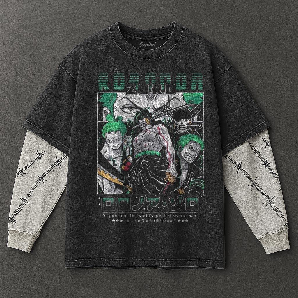One Piece Premium Oversized Black Double Sleeves Washed T-Shirt