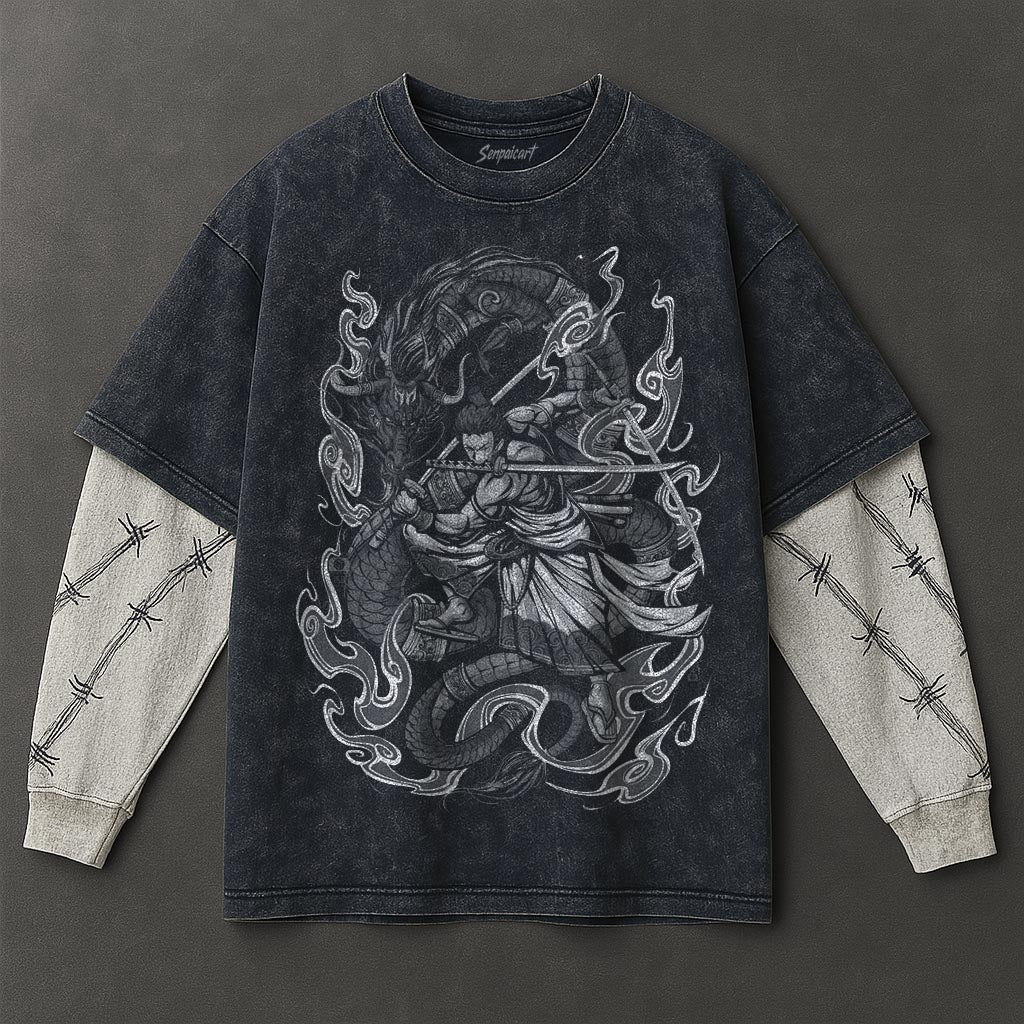 One Piece Premium Comfy Double Sleeves Blue Washed T-Shirt