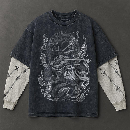 One Piece Premium Comfy Double Sleeves Blue Washed T-Shirt