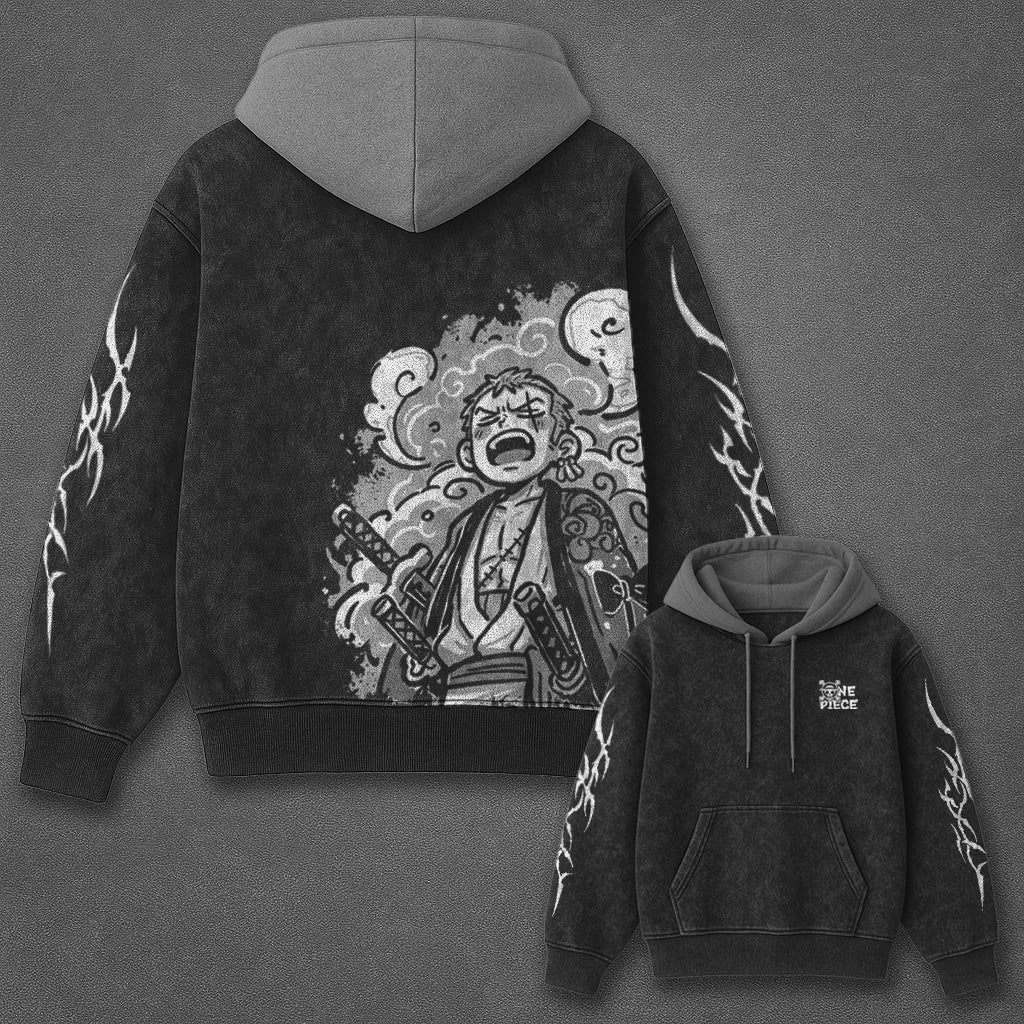 One Piece Essential Sleek Black and Grey Washed Hoodie