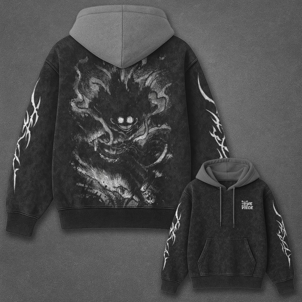 One Piece Essential Oversized Black and Grey Washed Hoodie