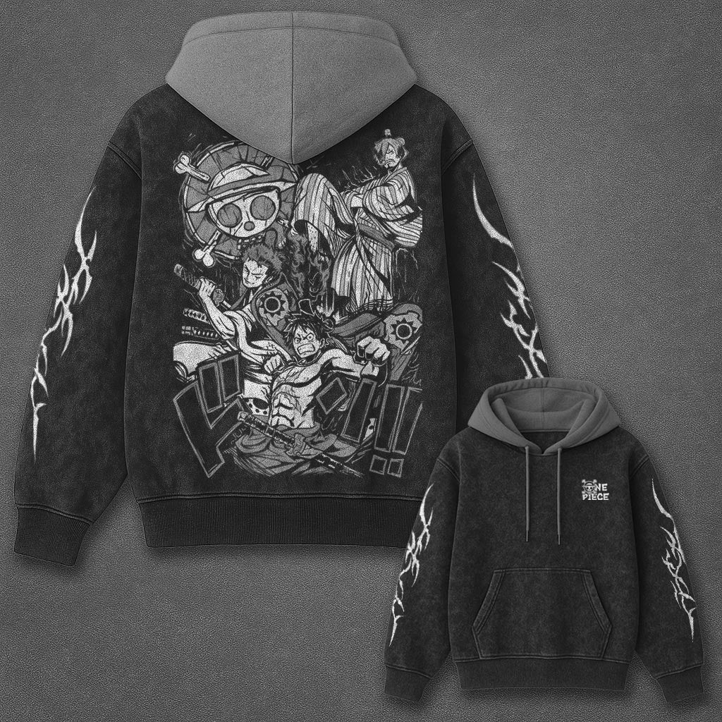 One Piece Classic Modern Black and Gray Washed Hoodie