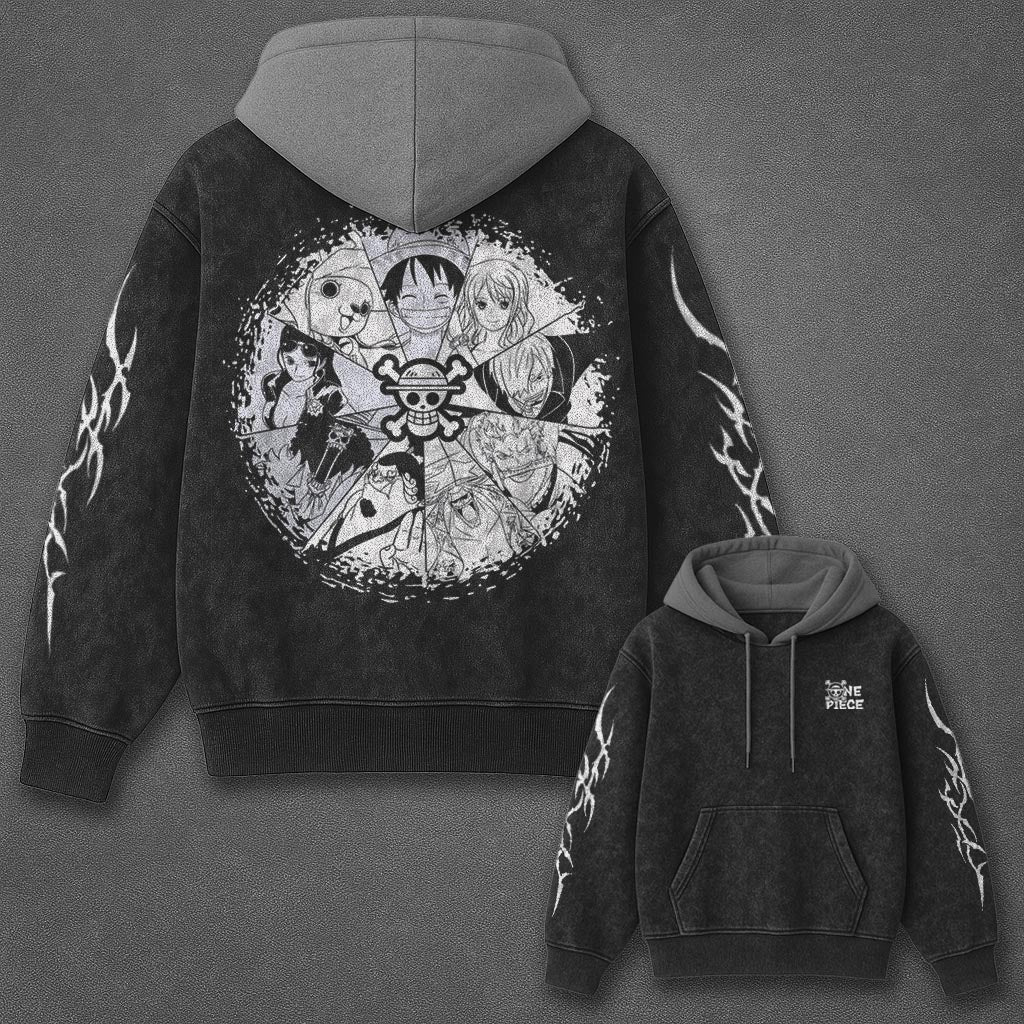 One Piece Classic Essential Black and Gray Washed Hoodie