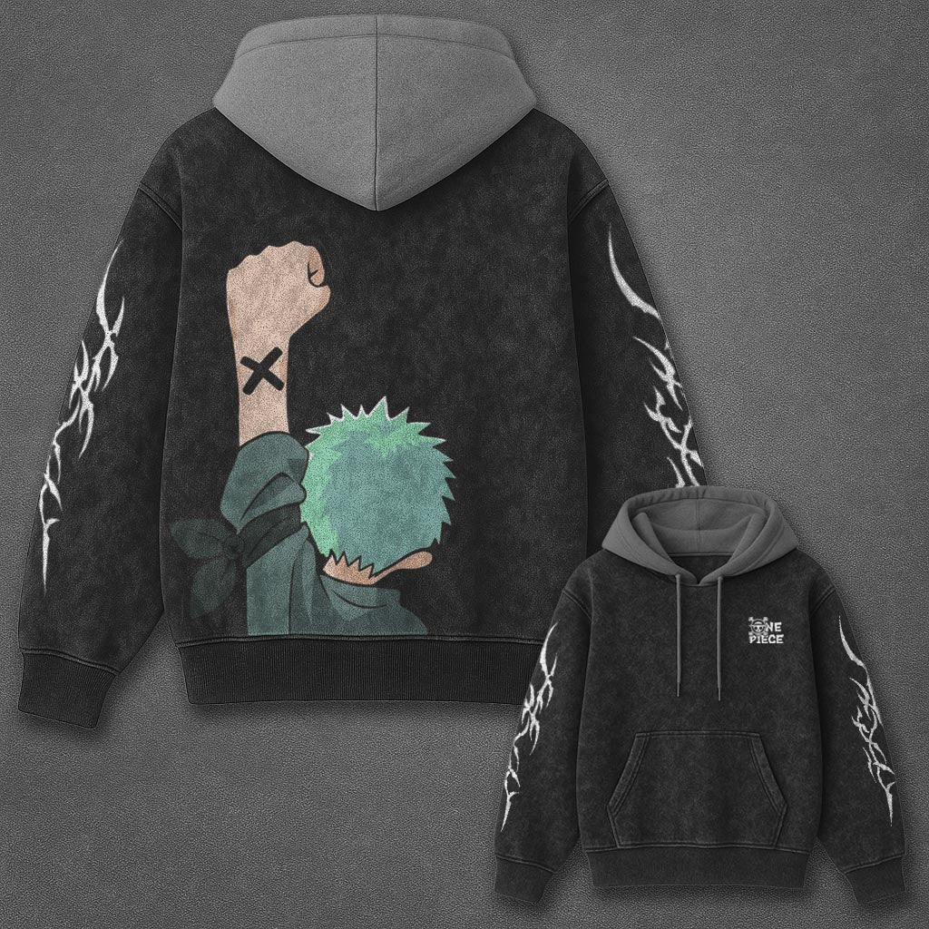 One Piece Classic Oversized Black and Gray Washed Hoodie