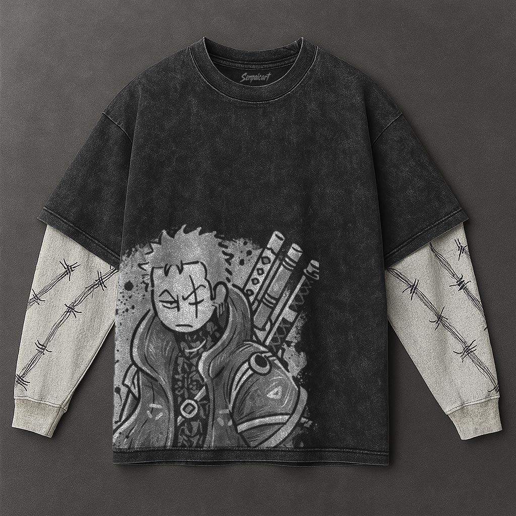 One Piece Essential Oversized Black Double Sleeves Washed Hoodie