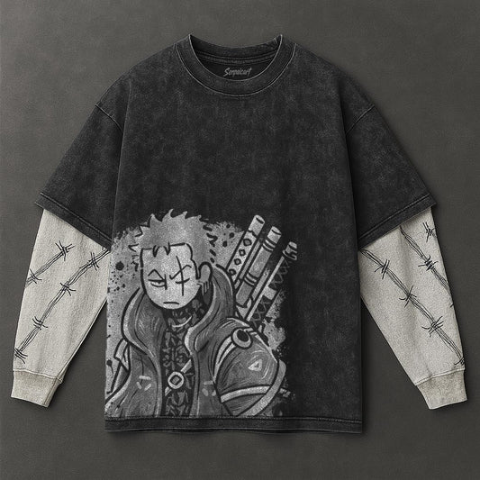 One Piece Essential Oversized Black Double Sleeves Washed Hoodie