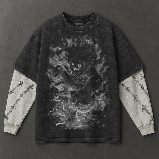 One Piece Essential Signature Black Double Sleeves Washed Hoodie