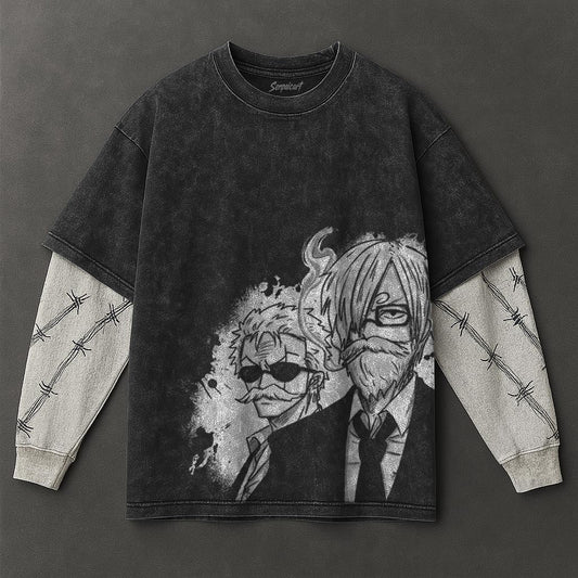 One Piece Essential Bold Black Double Sleeves Washed Hoodie