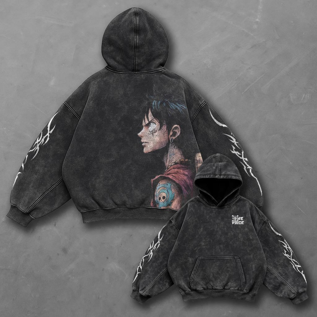 One Piece Oversized Minimal Black Washed Hoodie