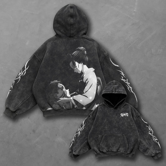 Demon Slayer Oversized Akaza and Koyuki Black Washed Hoodie