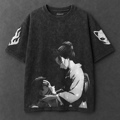 Demon Slayer Oversized Akaza and Koyuki Black Washed T-Shirt