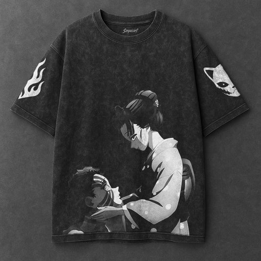 Demon Slayer Oversized Akaza and Koyuki Black Washed T-Shirt